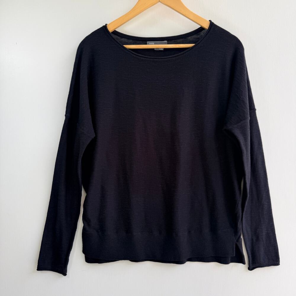 Vince Black Slub Cotton Drop Shoulder Long Sleeve Top Sweater Small